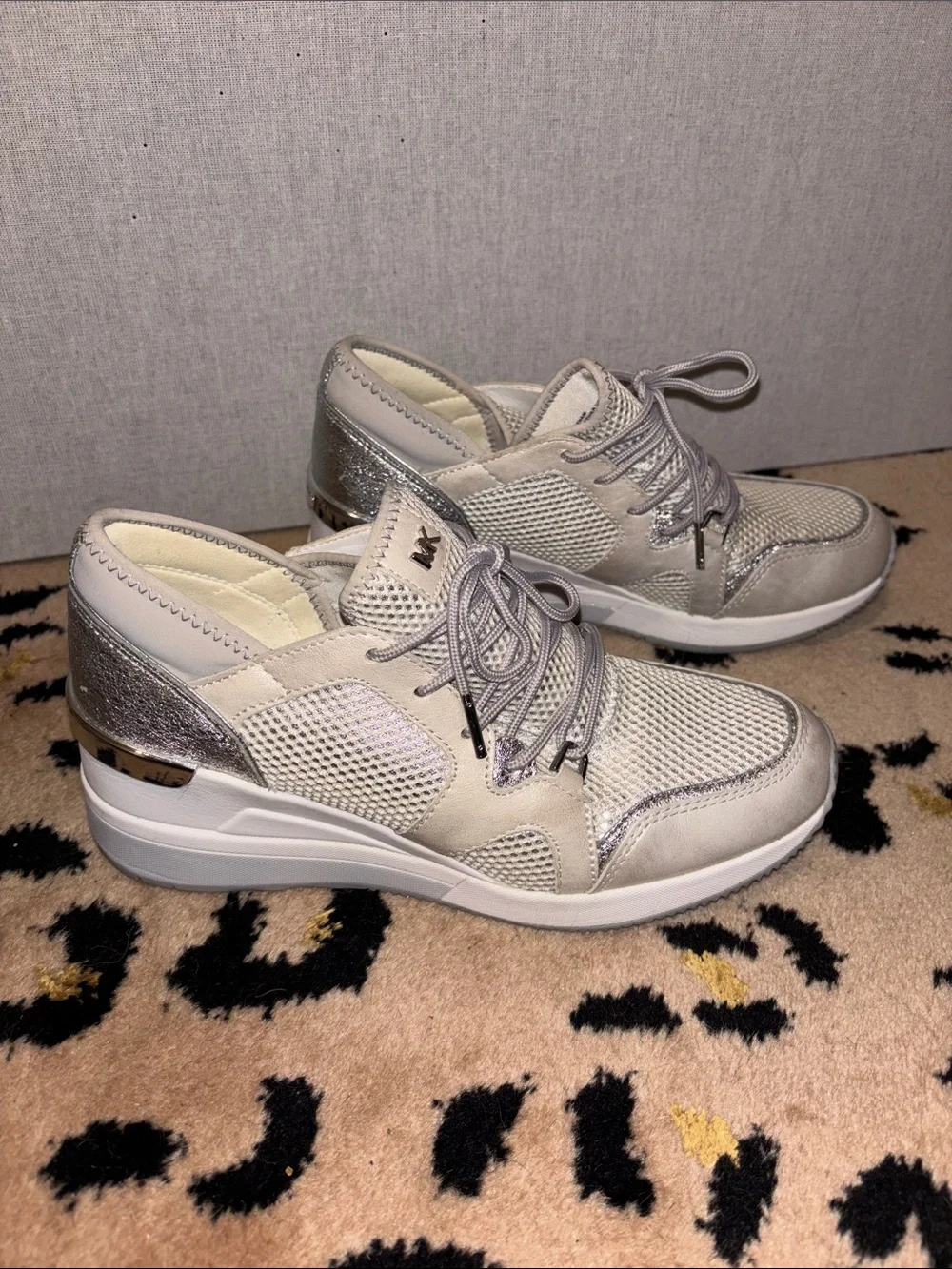 Michael Kors LIV Leather & Mesh Metallic Silver Lace-Up Wedge Sneakers